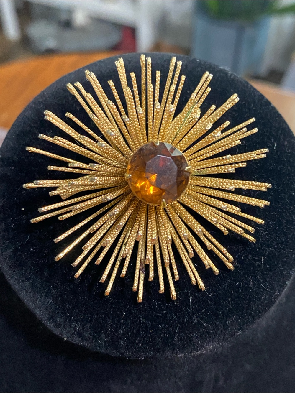 Sarah Coventry Gold Sunburst Brooch with Amber Stone